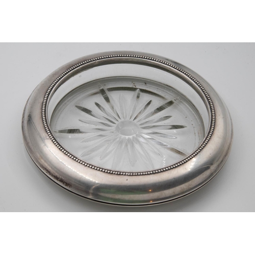 1053 - Solid Silver Mounted Circular Form Table Coaster with Engraved Crystal Centre