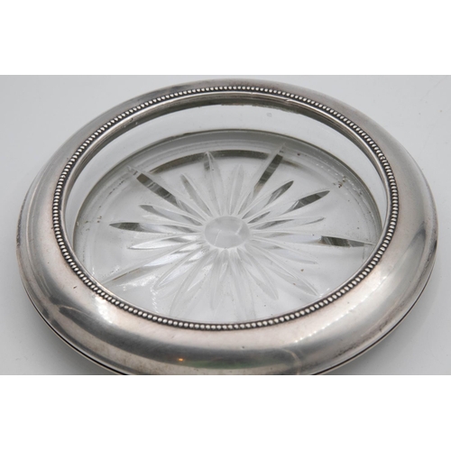 1053 - Solid Silver Mounted Circular Form Table Coaster with Engraved Crystal Centre