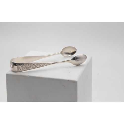 1057 - Pair of Silver Sugar Thongs with Engraved Detailing