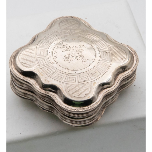 1064 - Antique Silver Snuff Box Hinged Cover Embossed Detailed Shaped Form