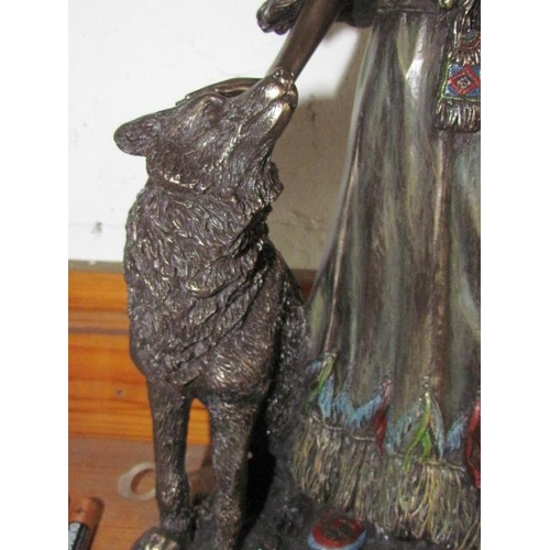 506 - Bronze Native Indian Figure with Pet Wolf 25cm High x 10cm Wide