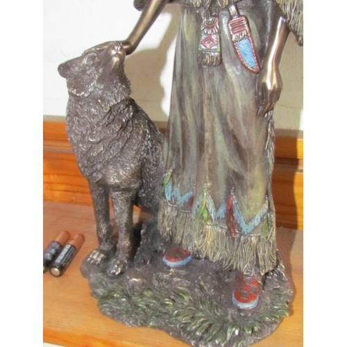 506 - Bronze Native Indian Figure with Pet Wolf 25cm High x 10cm Wide