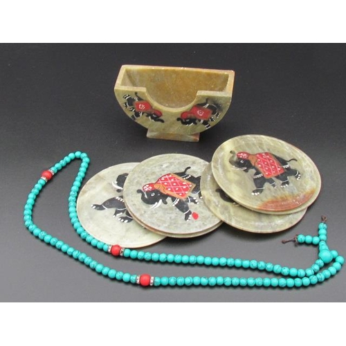 515 - Turquoise Necklace with Place Settings for Cups Made From Indian Jade Depicting  Elephants