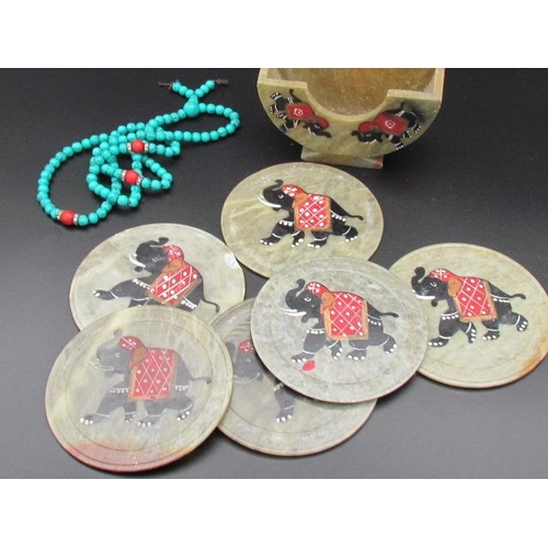 515 - Turquoise Necklace with Place Settings for Cups Made From Indian Jade Depicting  Elephants