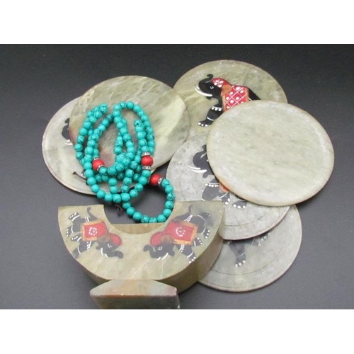 515 - Turquoise Necklace with Place Settings for Cups Made From Indian Jade Depicting  Elephants