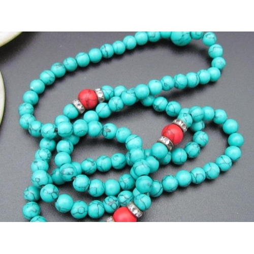 515 - Turquoise Necklace with Place Settings for Cups Made From Indian Jade Depicting  Elephants