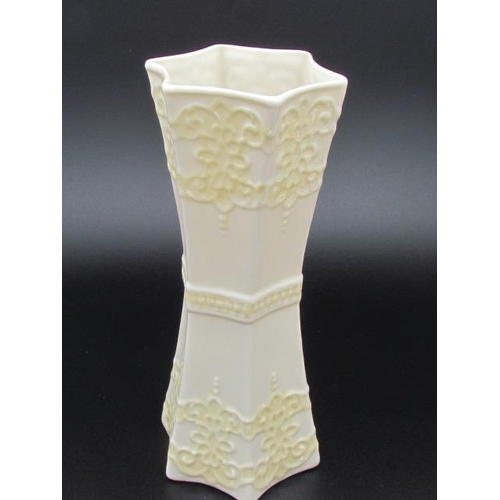 516 - Two Belleek Vases with Green and Brown Stamps Perfect Condition Approximately 20cm and 18cm High