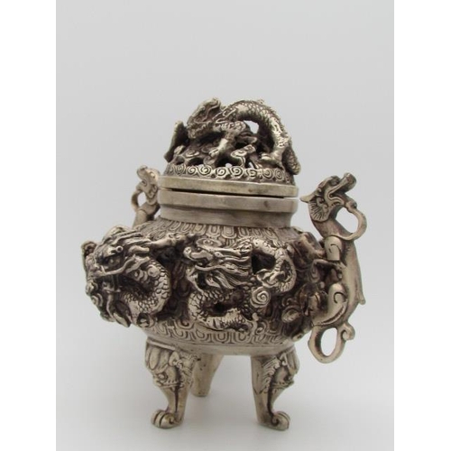 528 - Antique Tibetan Silver Incense Holder Depicting Dragons, Marked Underneath 25cm x 20cm