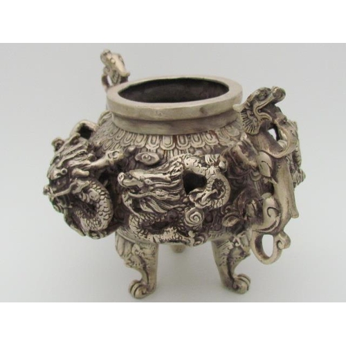 528 - Antique Tibetan Silver Incense Holder Depicting Dragons, Marked Underneath 25cm x 20cm