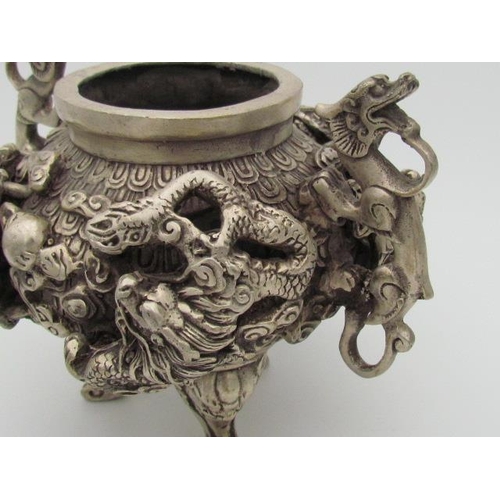 528 - Antique Tibetan Silver Incense Holder Depicting Dragons, Marked Underneath 25cm x 20cm