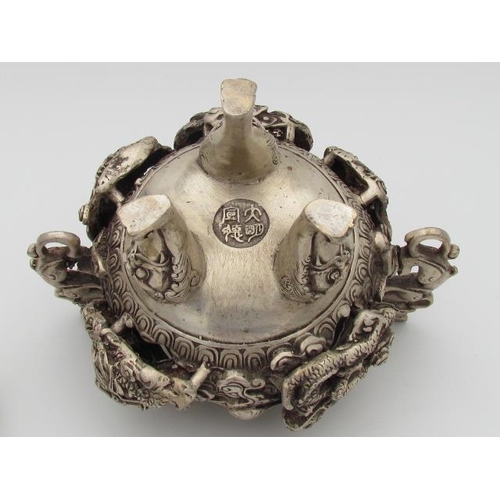 528 - Antique Tibetan Silver Incense Holder Depicting Dragons, Marked Underneath 25cm x 20cm