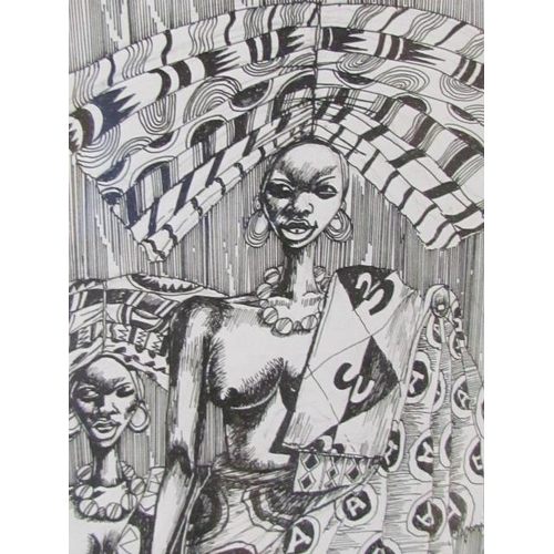 538 - Pen and Ink Drawing from West Africa Liberia Depicting Two Local Ladies with Best Dress 25cm x 20cm