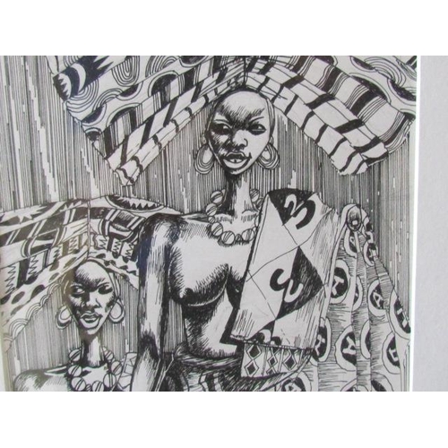 538 - Pen and Ink Drawing from West Africa Liberia Depicting Two Local Ladies with Best Dress 25cm x 20cm