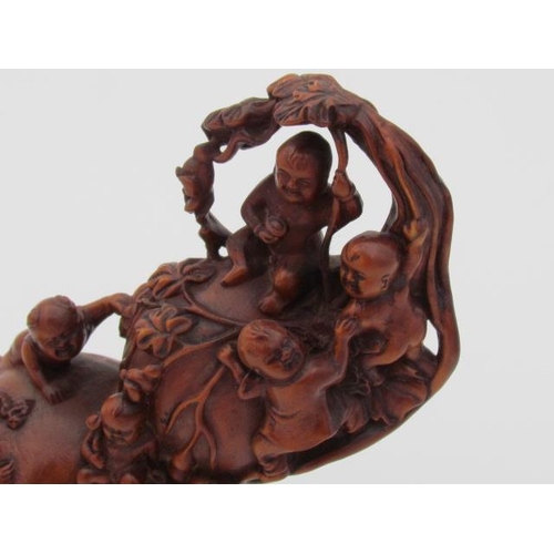 542 - Box Wood Carving of Baby Buddha and Play Mates 15cm High x 5cm