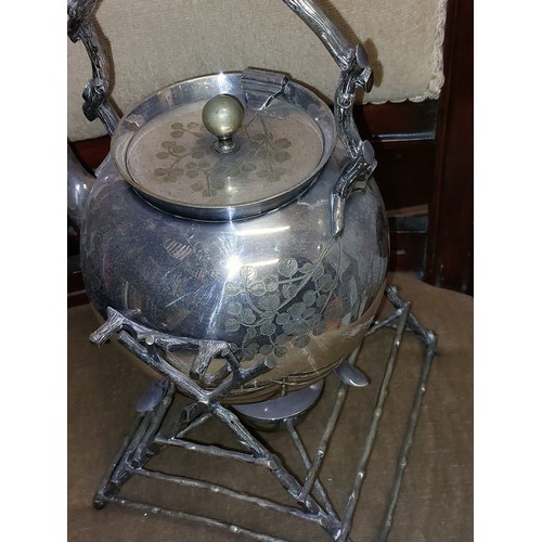 283 - Antique Silver Plated Kettle on Stand with Naturalistic Motifs Original Burner Present