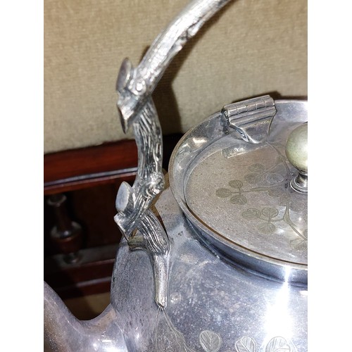 283 - Antique Silver Plated Kettle on Stand with Naturalistic Motifs Original Burner Present