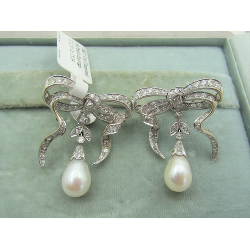 105 - Pair of Natural Pearl Decorated Diamond Earrings Mounted on 18 Carat White Gold Settings Attractivel... 