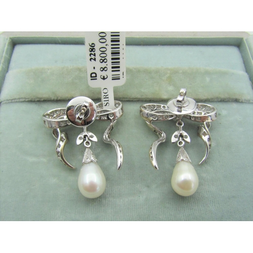 105 - Pair of Natural Pearl Decorated Diamond Earrings Mounted on 18 Carat White Gold Settings Attractivel... 