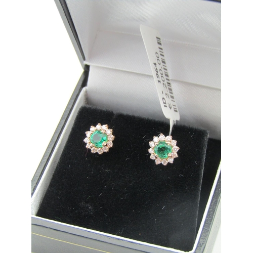 106 - Pair of Diamond and Emerald Cluster Earrings Mounted on 18 Carat Yellow Gold