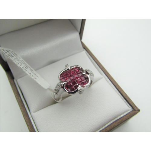 111 - 18 Carat White Gold Set Ruby and Diamond Ladies Ring Invisible Setting Ring Size M and a Half