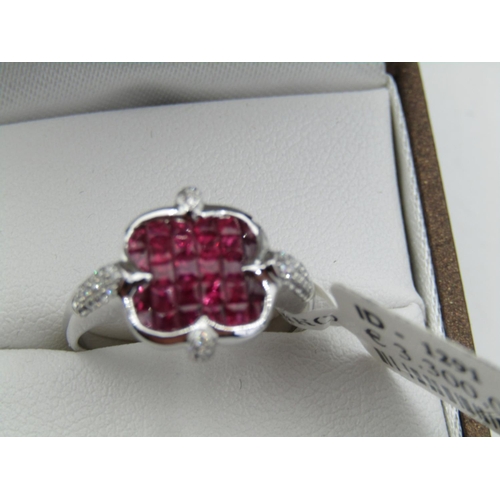 111 - 18 Carat White Gold Set Ruby and Diamond Ladies Ring Invisible Setting Ring Size M and a Half