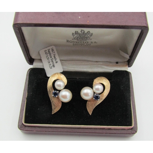 116 - Pair of 18 Carat Pearl and Sapphire Set Ladies Earrings Vintage Each Approximately 3cm High
