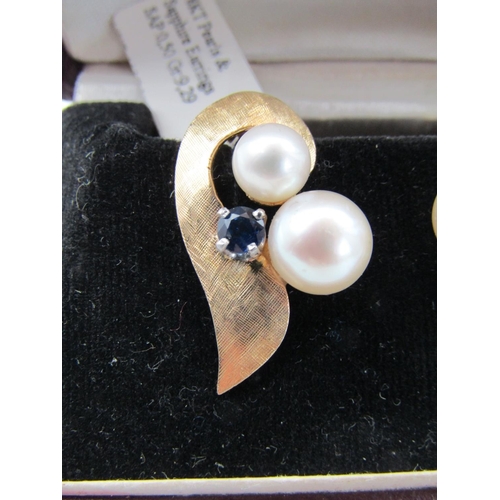 116 - Pair of 18 Carat Pearl and Sapphire Set Ladies Earrings Vintage Each Approximately 3cm High