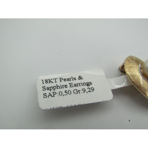 116 - Pair of 18 Carat Pearl and Sapphire Set Ladies Earrings Vintage Each Approximately 3cm High