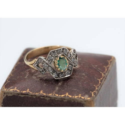 20 - 14 Carat Yellow Gold Ladies Emerald and Diamond Ring Size T and a Half