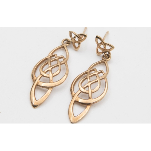 34 - Pair of 9 Carat Yellow Gold Open Work Celtic Design Ladies Drop Earrings with Post Fittings Hallmark... 