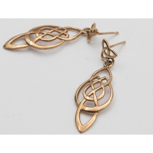 34 - Pair of 9 Carat Yellow Gold Open Work Celtic Design Ladies Drop Earrings with Post Fittings Hallmark... 