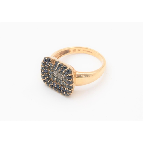 47 - 9 Carat Yellow Gold Diamond and Sapphire Ladies Cluster Ring Cushion Shaped Slightly Concave Head Gr... 