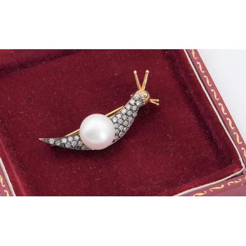 65 - Fresh Water Pearl and Diamond Snail Motif Brooch Pearl Cup Set for Snail Shell to Body Grain Set to ... 