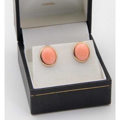 69 - Pair of 9 Carat Gold Coral Cabochon Set Stud Earrings 14 Carat Gold