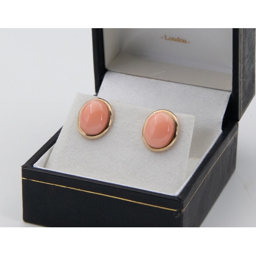 69 - Pair of 9 Carat Gold Coral Cabochon Set Stud Earrings 14 Carat Gold