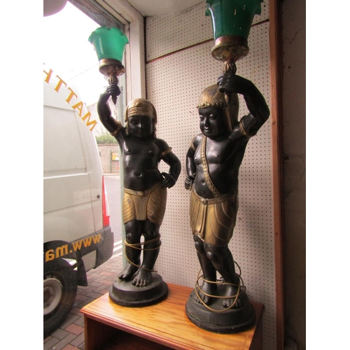 Pair of Bronze Free Standing Lamps Egyptian Figures with Emerald Shades Each Approximately 4ft High