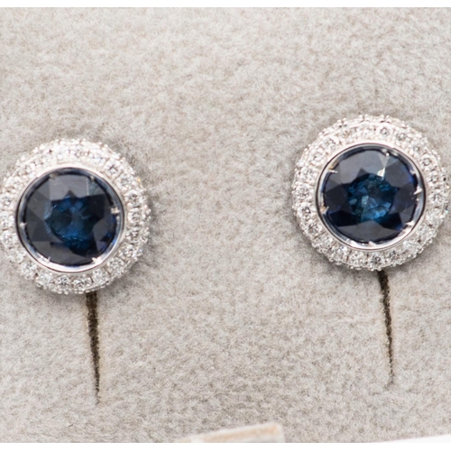 7 - Pair of Sapphire and Diamond Cluster Earrings Circular Form Mounted on 18 Carat White Gold Sapphires... 