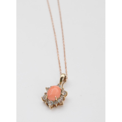 70 - Ladies 9 Carat Yellow Gold Set Cabochon Cut Coral and Blue Topaz Cut Pendant Necklace Hallmarked 200... 