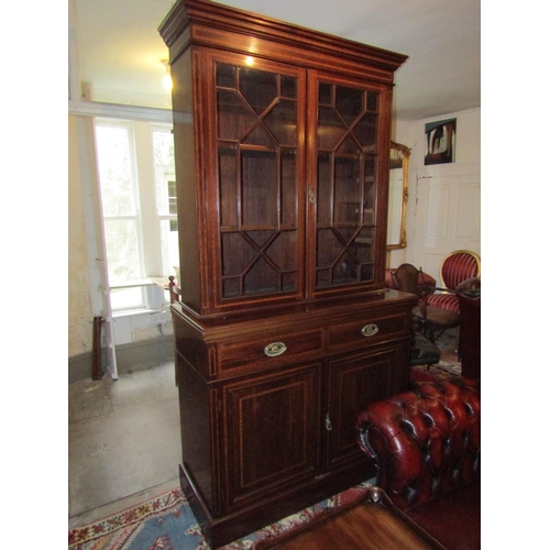 744 - Victorian Figured Mahogany Satinwood Crossbanded Astral Glazed Two Door Bookcase Good Original Condi... 