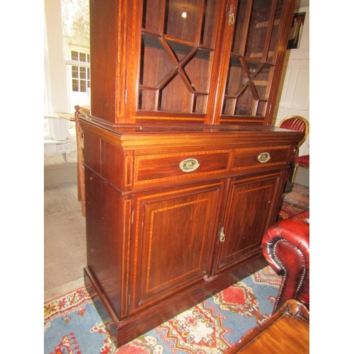 744 - Victorian Figured Mahogany Satinwood Crossbanded Astral Glazed Two Door Bookcase Good Original Condi... 