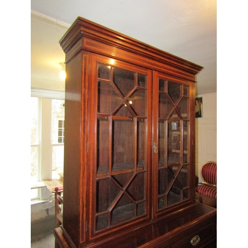 744 - Victorian Figured Mahogany Satinwood Crossbanded Astral Glazed Two Door Bookcase Good Original Condi... 