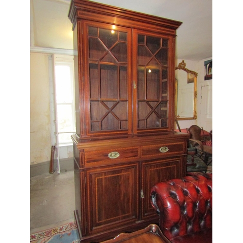 744 - Victorian Figured Mahogany Satinwood Crossbanded Astral Glazed Two Door Bookcase Good Original Condi... 