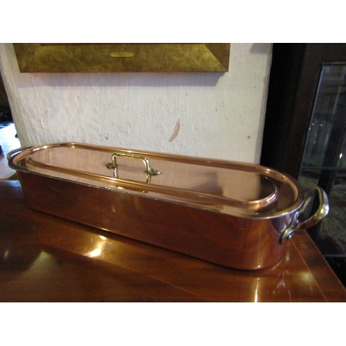 747 - Copper Fish Kettle Brass Side Carry Handles with Original Cover Approximately 24 Inches Wide