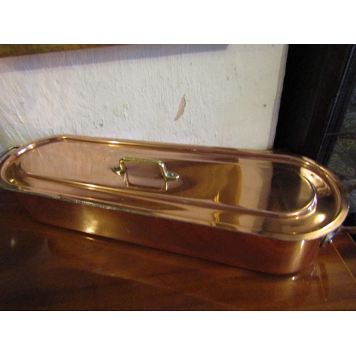 747 - Copper Fish Kettle Brass Side Carry Handles with Original Cover Approximately 24 Inches Wide