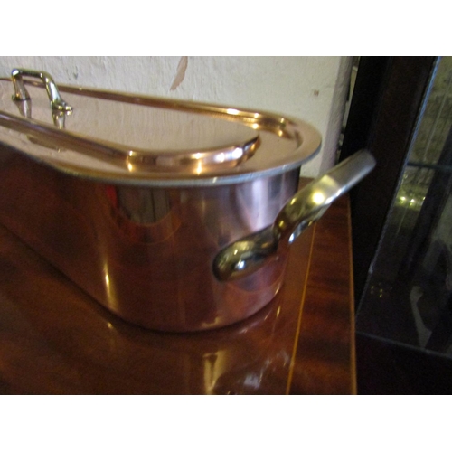 747 - Copper Fish Kettle Brass Side Carry Handles with Original Cover Approximately 24 Inches Wide