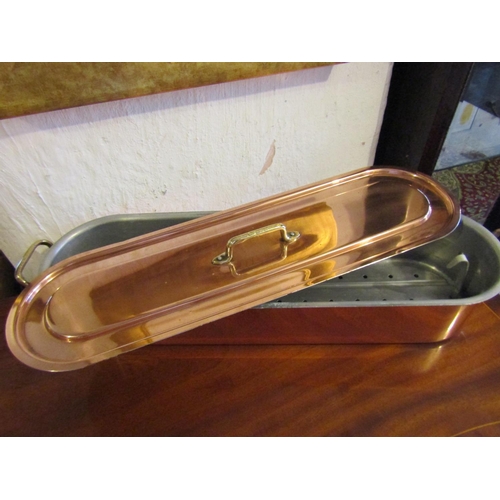 747 - Copper Fish Kettle Brass Side Carry Handles with Original Cover Approximately 24 Inches Wide