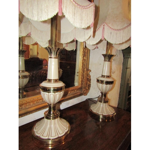 749 - Pair of Cast Brass Enamel Decorated Shaped Form Table Lamps of Good Size with Tasselled Shades Elect... 