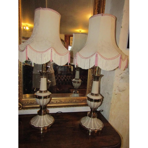 749 - Pair of Cast Brass Enamel Decorated Shaped Form Table Lamps of Good Size with Tasselled Shades Elect... 