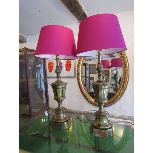 750 - Pair of Cast Brass Urn Form Table Lamps Electrified Working Order with Shades Each Approximately 30 ... 