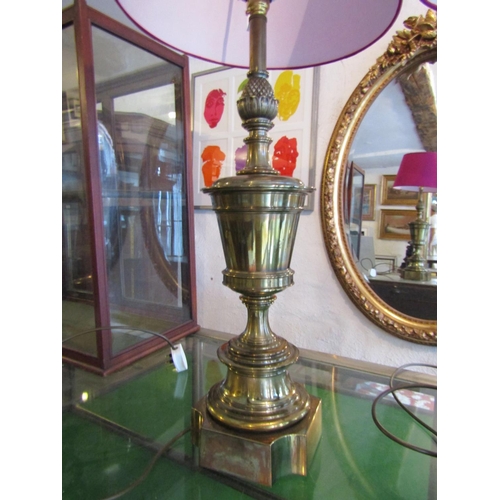 750 - Pair of Cast Brass Urn Form Table Lamps Electrified Working Order with Shades Each Approximately 30 ... 